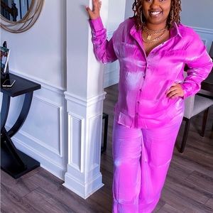 Metallic Satin Wide Leg Pants Set